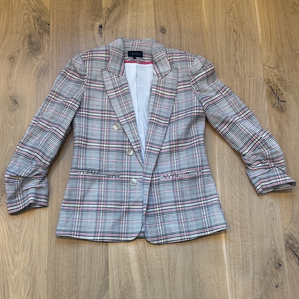 1. State Ruched Sleeve Women's Plaid Blazer Jacket